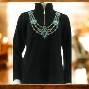 Bob Mackie Black Embellished Aqua Jewel Neckline Fleece 1/2 zip Pullover XS New